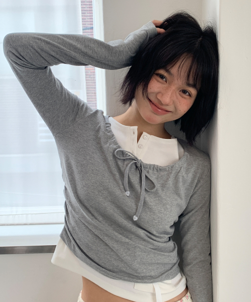 NECK SHIRRING TIE LONG SLEEVE GREY