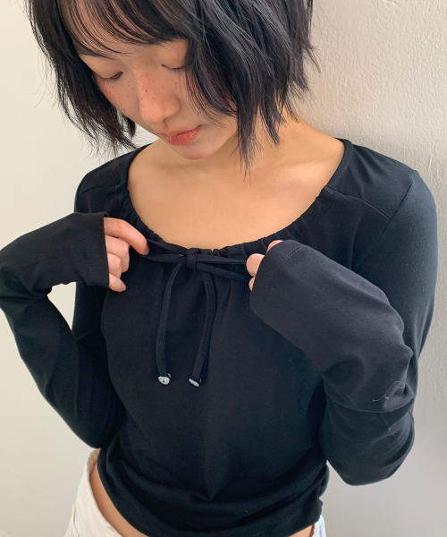 NECK SHIRRING TIE LONG SLEEVE BLACK