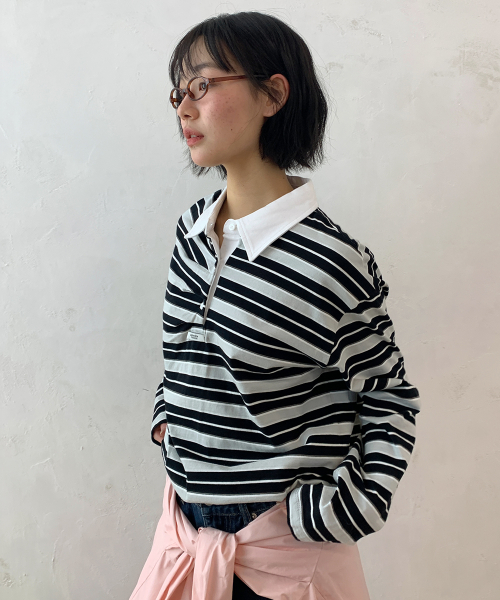 DOUBLE SHIRRING STRIPE COLLAR LONG SLEEVE BLACK