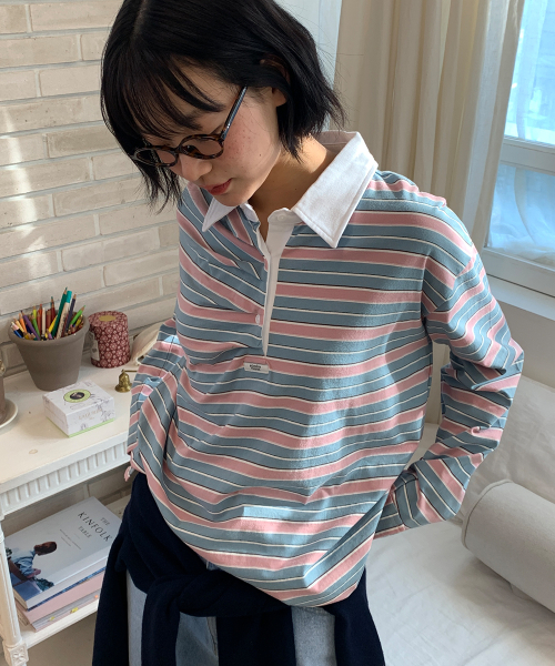 DOUBLE SHIRRING STRIPE COLLAR LONG SLEEVE PINK