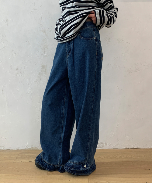 FRILL HEM WIDE DENIM PANTS MEDIUM BLUE