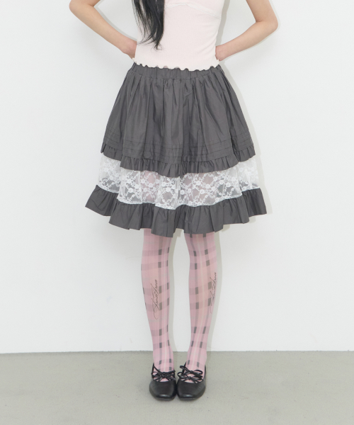 FLOWER TIERED MIDI SKIRT CHARCOAL