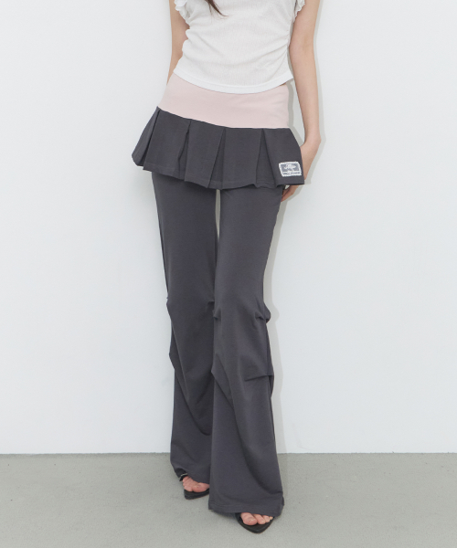 TWO-TONE PLEATED SKIRT PANTS CHARCOAL