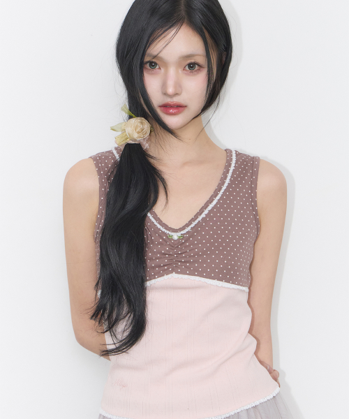 DOT COLOR-BLOCKED SLEEVELESS BROWN
