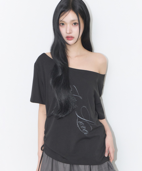 RIBBON STRING OFF SHOULDER T-SHIRT BLACK