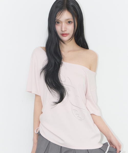 RIBBON STRING OFF SHOULDER T-SHIRT PINK