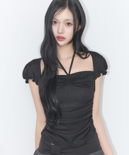 SHIRRING HALTER TOP BLACK