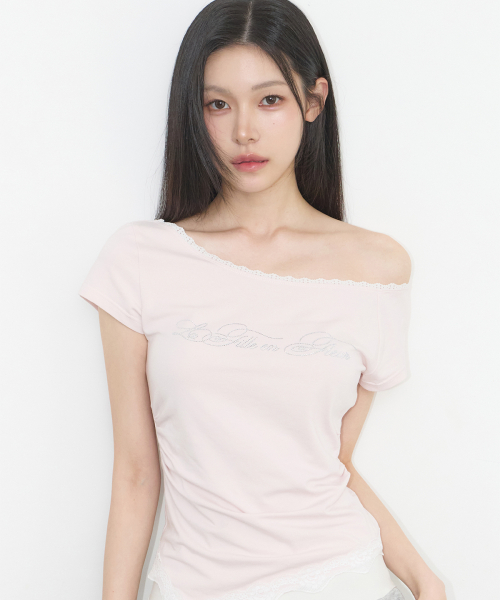 LACE BOAT NECK SHIRRING TOP PINK