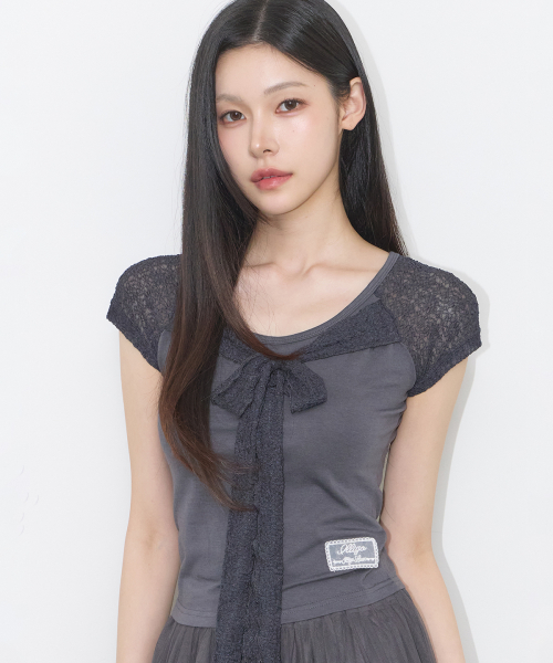 LACE RIBBON COLOR-BLOCK T-SHIRT CHARCOAL