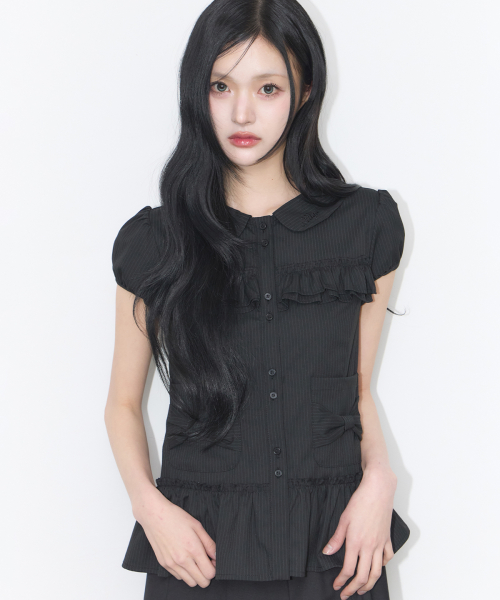 BOW POCKET RUFFLE BLOUSE STRIPE BLACK