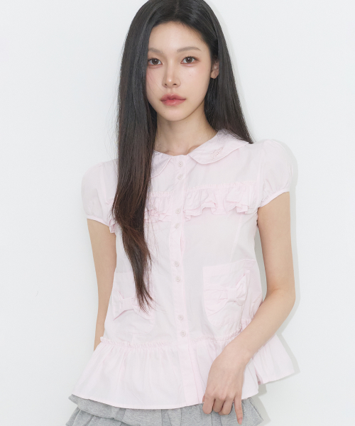 BOW POCKET RUFFLE BLOUSE PINK