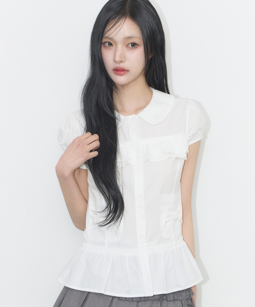 BOW POCKET RUFFLE BLOUSE WHITE