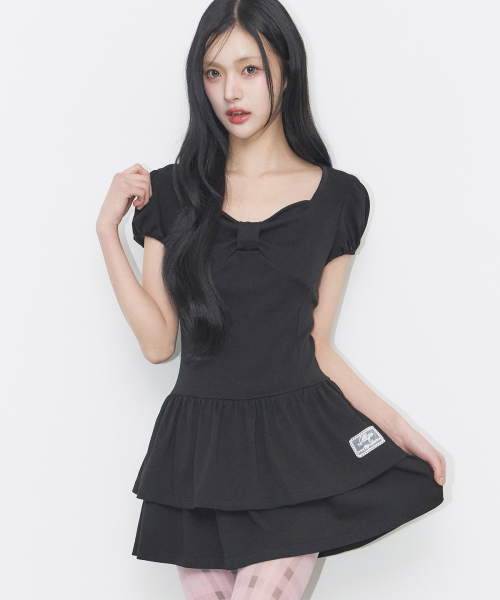 BOW FLARE MINI DRESS BLACK