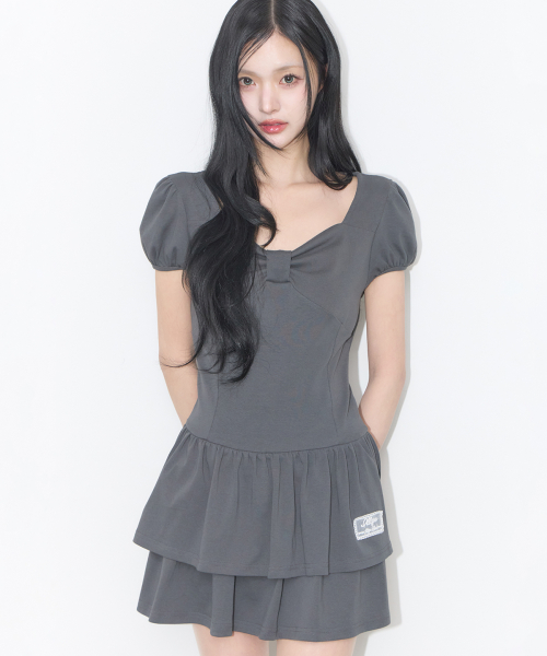 BOW FLARE MINI DRESS CHARCOAL