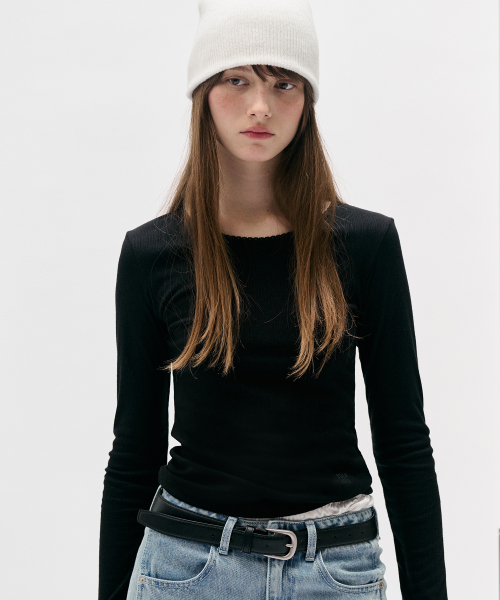 NUBASIC LACE ROUND NECK SLIM T-SHIRT BLACK