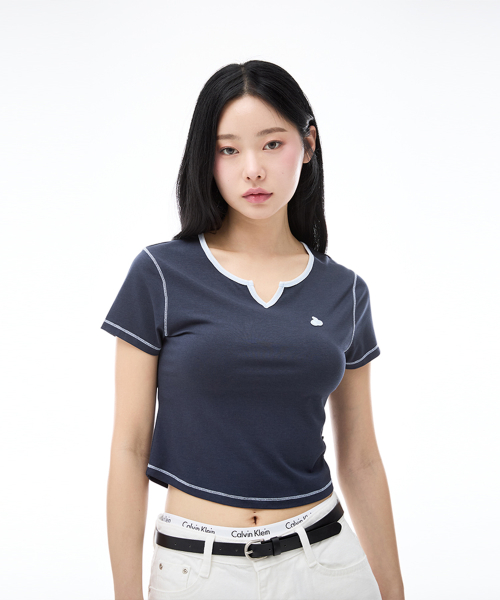 체리 배색 포인트 티셔츠 [다크 네이비]
