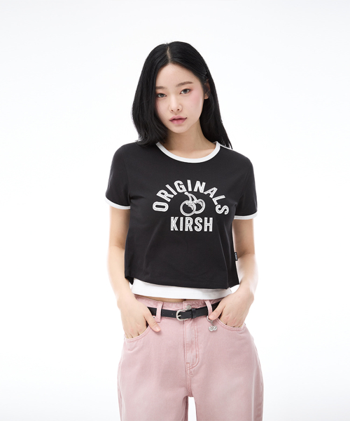 아치 체리 배색 아플리케 티셔츠 [블랙]