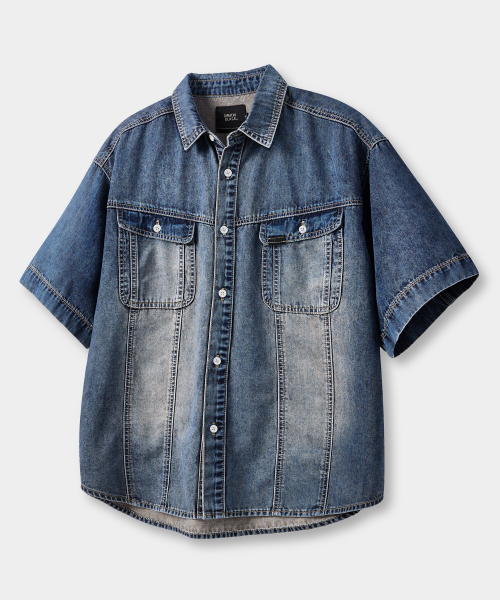 FADED WASHING DENIM TRUCKER HALF SHIRT_DUST INDIGO