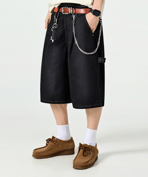 BIO-WASHING CARPENTER BERMUDA COTTON PANTS_BLACK