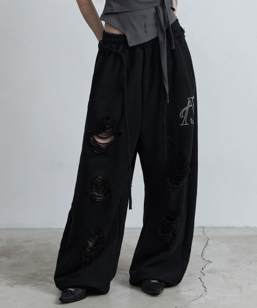 BELTED DESTROYED SWEATPANTS BLACK
