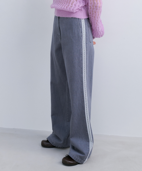LACE TRIM DENIM PANTS - ICY GREY