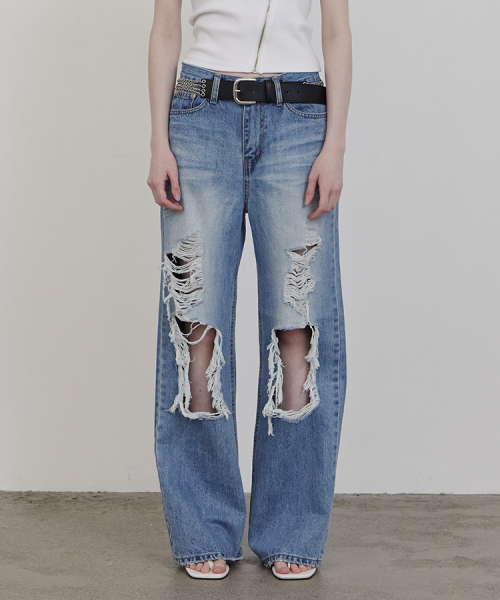 WIDE DESTROYED DENIM PANTS BLUE