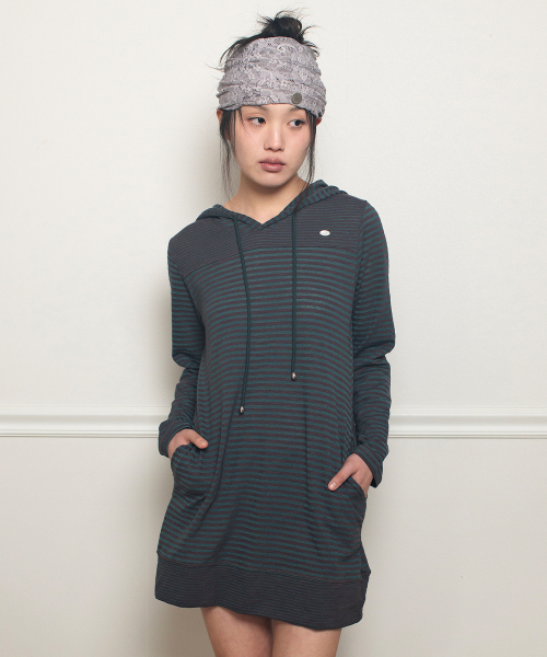 STRIPE HOODIE DRESS (GREEN PLUM)