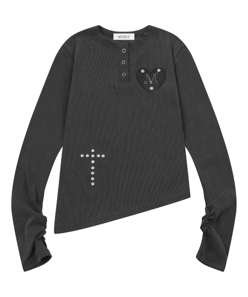 ZEND HEART PATCH HENRY NECK UNBALANCE LONG SLEEVE T