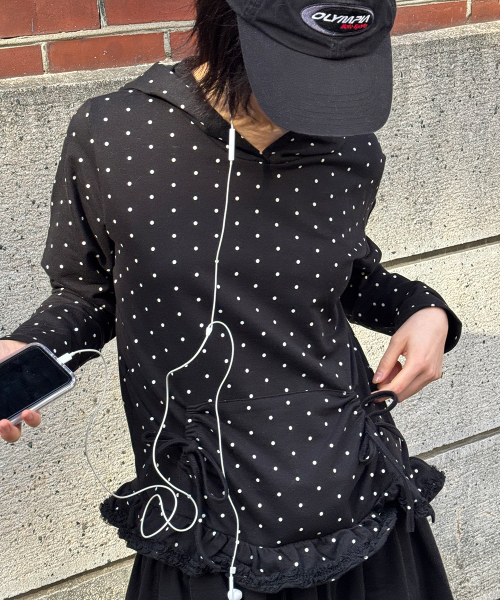 FRILL RIBBON HOODIE BLACK DOT