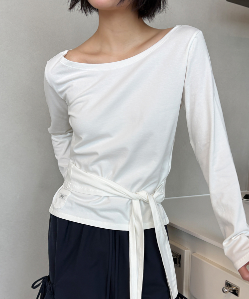 WAIST TIE OFF SHOULDER LONG SLEEVE WHITE