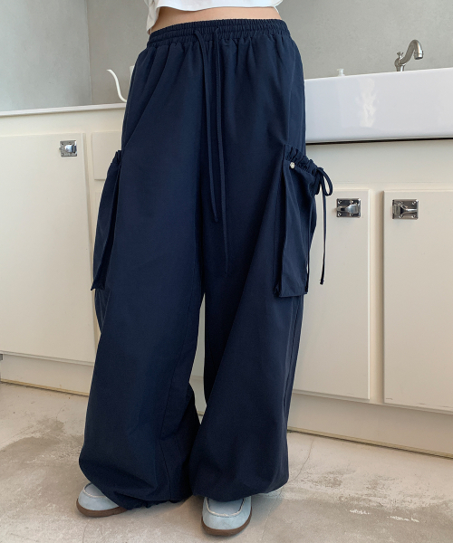 RIBBON STRING WIDE CARGO PANTS NAVY