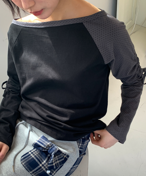 DOT BOAT NECK RIBBON STRING LONG SLEEVE BLACK