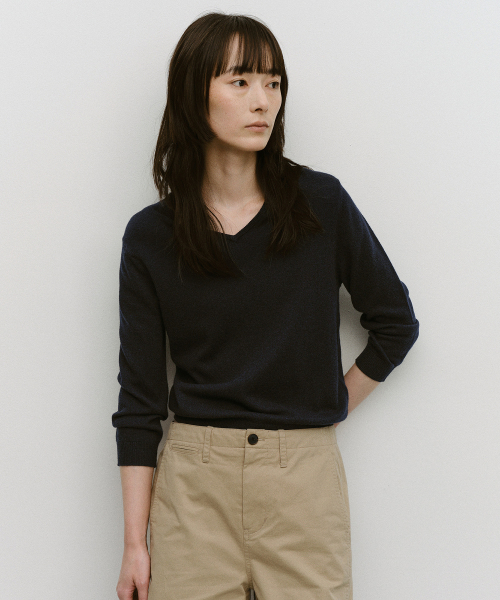 W. V-Neck Solid Knit (Navy)