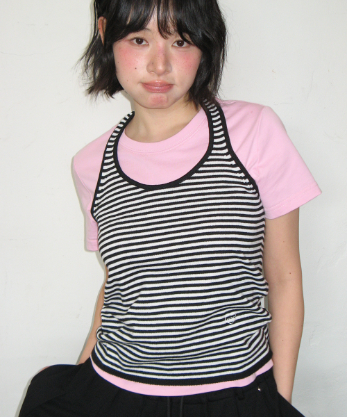 STRIPE KNIT HALTER NECK SLEEVELESS BLACK