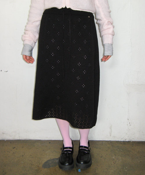 POINTELLE KNIT LONG SKIRT BLACK