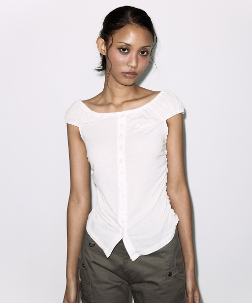 SOFT BUTTON OFF-SHOULDER TOP (IVORY) F26QB124