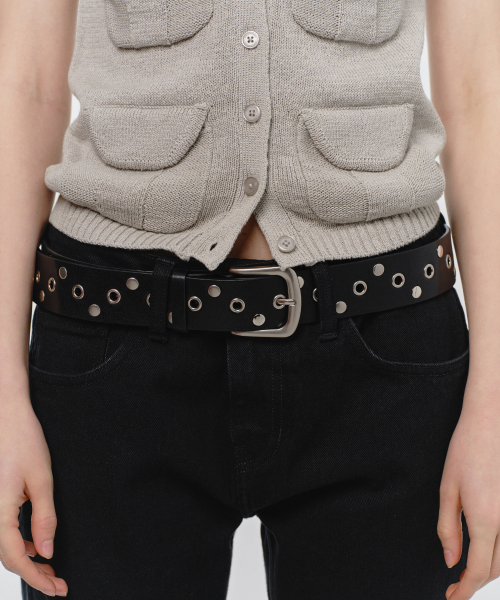 ANGLED EYELET STUDDED BELT, BLACK