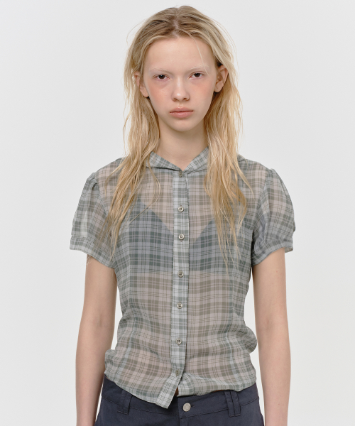 SHEER CHECK HOODIE BLOUSE, KHAKI