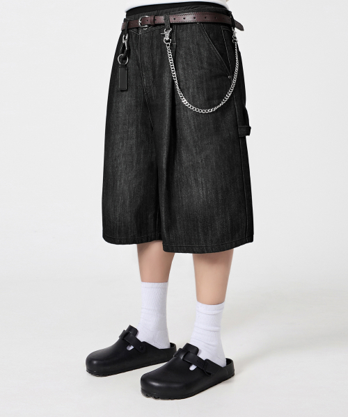 BIO WASHING CARPENTER BERMUDA DENIM PANTS_SLUB BLACK
