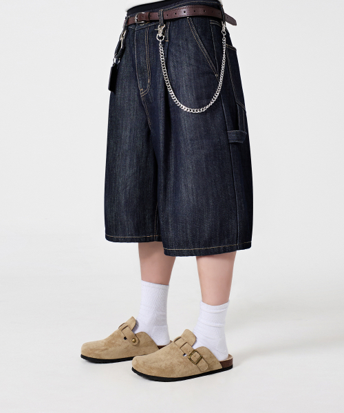 BIO WASHING CARPENTER BERMUDA DENIM PANTS_SLUB INDIGO