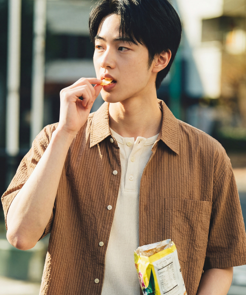 Butter Stripe Short Sleeve Shirt Camel KJSS2703