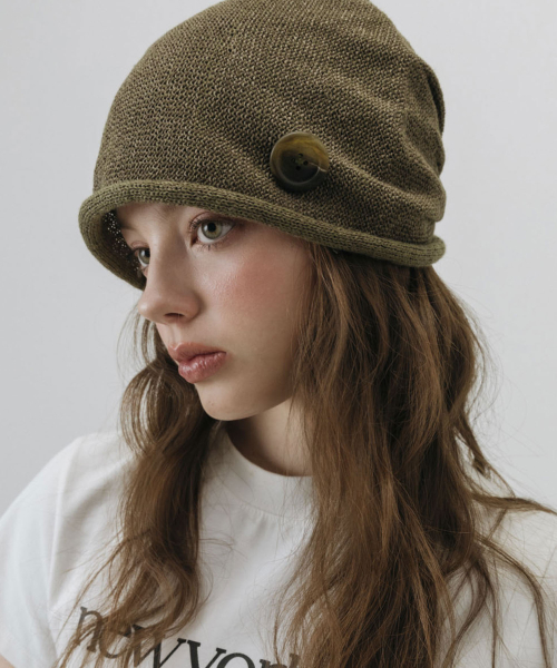 BUTTON ROLL UP BEANIE HAT_KHAKI