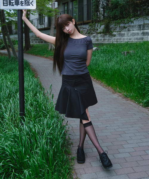 Sheer layered shirring line top CHARCOAL