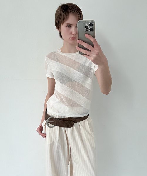 SHEER DIAGONAL STRIPE KNIT - CREAM