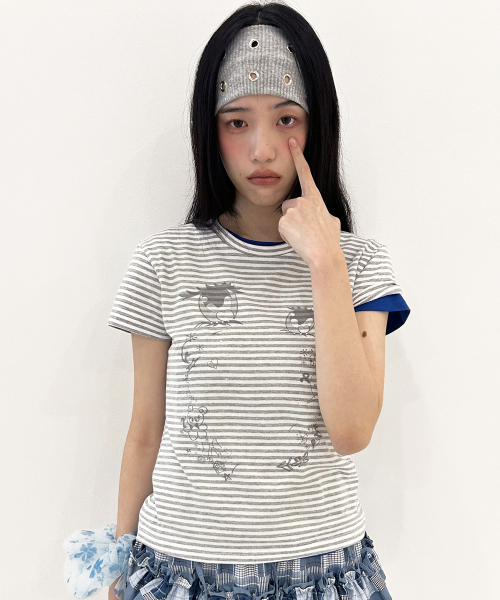 Cry Eyes Stripe Short Sleeve Top [Gray]