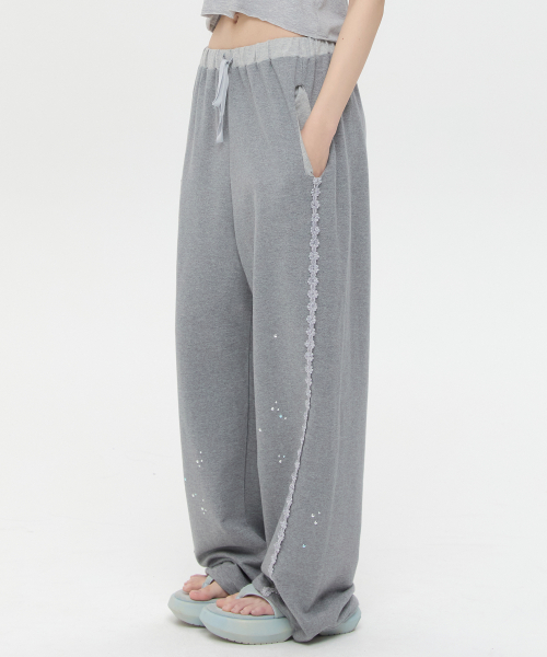 Lace Trim Hotfix SweatPants [Gray]