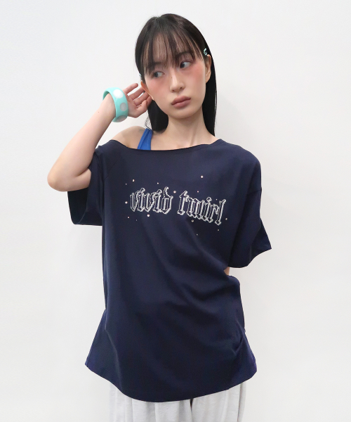 Hotfix Stitch Off Shoulder Top [Navy]