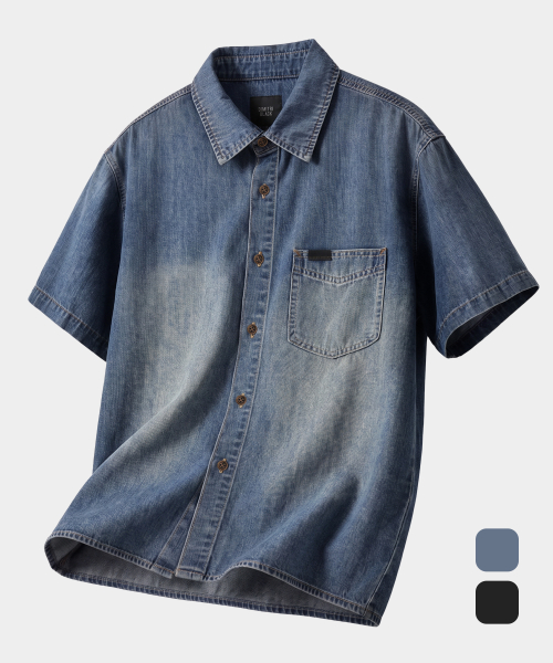 BIO WASHING CROP DENIM SHORT SLEEVE SHIRT_2 COLOR