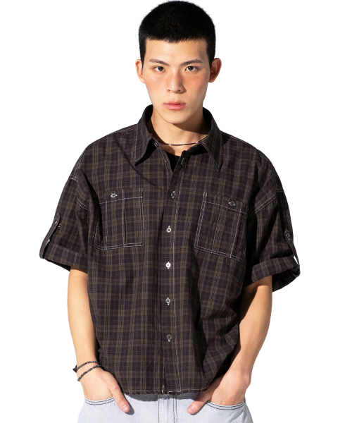 XTS045 러기드 크롭 체크 셔츠 (PURPLE/BROWN)
