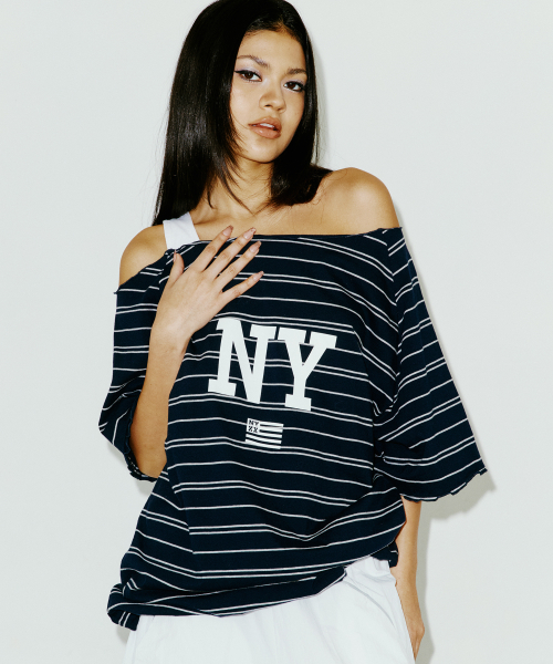 STRIPE OFF SHOULDER SS NAVY